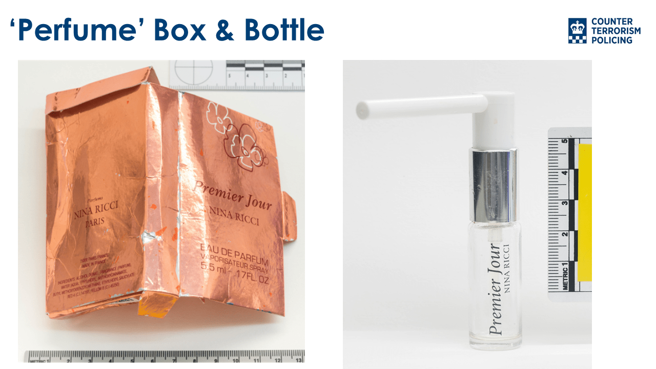 Images of the ‘perfume’ box, bottle and applicator that were found in Charlie Rowley’s flat after the Salisbury attack